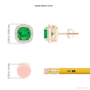 <b>Emerald</b> Diamond Halo <b>Stud</b> Earrings in 14K Rose Gold, Cushion Cut Green Gemstone Fine Jewelry Gift for Fiance - Product Image 2