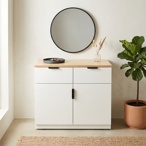 Meuble de rangement moderne bicolore en bois blanc avec dessus en chêne naturel, 2 tiroirs, 2 portes, credenza pour entrée, salon, chambre, buffet - Product Image 3