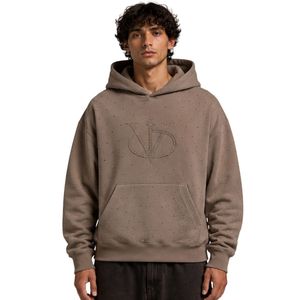 Sweat à capuche oversize en polaire taupe pour homme, design de logo en strass de luxe, pull épais, streetwear, sweat à capuche personnalisé - Product Image 1