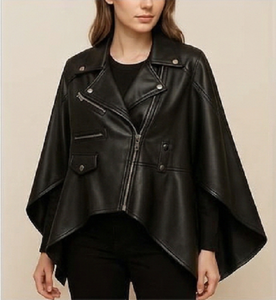 Chaqueta de cuero negra para mujer, estilo poncho, chaqueta de motociclista, capa oversize moderna con detalles de cremallera, moda de invierno, ropa urbana premium - Product Image 1