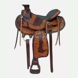 Silla de montar Western Wade de cuero marrón oscuro con diseño floral grabado a mano, asiento acolchado, correas de latigo y juego de arreos, 10-18 pulgadas - Product Image 1