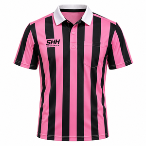Men Pink Black Striped <b>Referee</b> Shirt White Polo Collar Chest Pocket Short Sleeve Professional Football Officials Game Jersey - Product Image 1