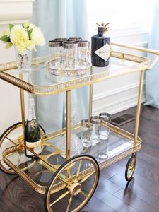 Modern Iron Bar <b>Trolley</b> with Gold Finish Frame and Glass Shelves Rolling <b>Serving</b> Cart Home Kitchen Dining Room Beverage Storage - Product Image 4