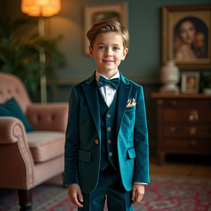 Ensemble de costume 3 pièces en velours bordeaux pour garçons, idéal pour mariage, porte-alliances, smoking formel avec blazer, gilet, pantalon et nœud papillon - Product Image 4