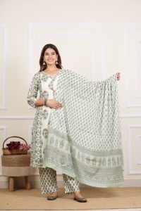 Wholesale White Floral Printed <b>Kurta</b> Pant Dupatta Set <b>Womens</b> Wear Three Quarter Sleeves Round Neck Comfortable Casual Dress - Product Image 1