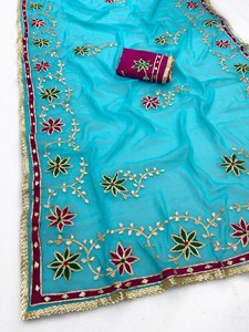 Sari en Georgette Rose Brodé à Motifs Floraux pour Femme, Tenue de Mariage Traditionnelle Indienne et Pakistanaise, Longueur Ras du Sol, Séchage Rapide - Product Image 3