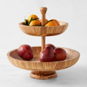 Handmade Eco-Friendly Olive Wood Two <b>Tier</b> <b>Cake</b> <b>Stand</b> Round Dessert Display Bowl Rustic Fruit Serving Tray for Wedding Party - Product Image 1