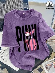 Camiseta de Algodón con Estampado de Pantera Rosa para Mujer, Cuello Redondo, Manga Corta, Corte Holgado, Diseño de Personajes, Estilo Casual de Verano - Product Image 2