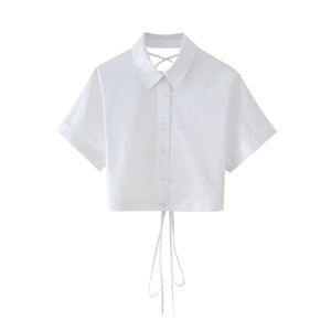 Camisa Corta Informal de Popelina a Rayas Blancas para Mujer, Estilo Vintage, Manga Corta, Cuello Camisero, Botones, para Todas las Temporadas - Product Image 1
