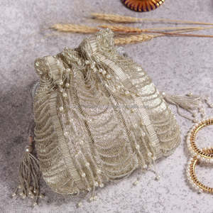 Designer Bohemian Potli Bag Wedding Return Gift Embroidery Tassel Cover Closure Pearl Ladies Indian Ethnic <b>Handbag</b> Exporters - Product Image 4