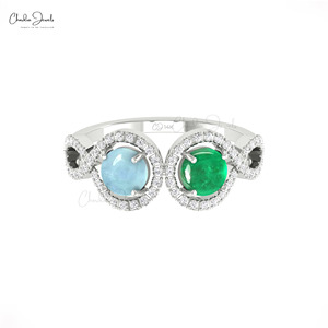 Bague Halo Ronde Naturelle de 5 mm en Émeraude et Aigue-marine avec Diamant en Or Fin 14 carats, Bague de Mariage Personnalisée, Fournisseurs en Gros de Qualité Supérieure - Product Image 2