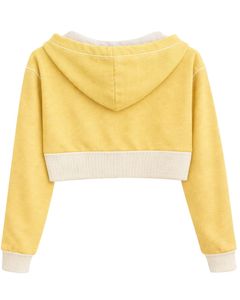 Sudadera con capucha corta para mujer, con cremallera, color amarillo pastel y bloques de color en felpa de algodón, estilo casual y urbano. - Product Image 2