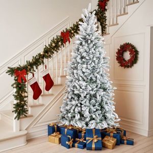 7 FT Snow Flocked Pre-lit Artificial Pencil Christmas <b>Tree</b> Hinged Pine <b>Tree</b> 1100 Branch Tips 400 <b>Lights</b> for Festive Holidays - Product Image 2
