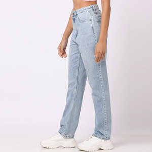 Jeans de Mezclilla Azul Claro de Cintura Alta para Mujer, Pantalones Casuales de Algodón Lavado a la Piedra con Cinco Bolsillos, Corte Regular y Cierre de Botones - Product Image 2