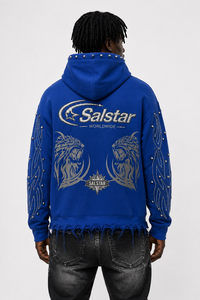 Sweat-shirt à capuche personnalisé bleu vieilli avec strass pour homme, style streetwear, logo personnalisé, impression graphique et manches ornées - Product Image 4