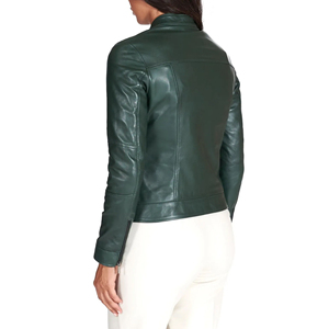2026 High Quality Women's Green Genuine Leather Moto Jacket Stand Collar Full Sleeve <b>Zipper</b> Closure Windproof Autumn Wear - Product Image 3