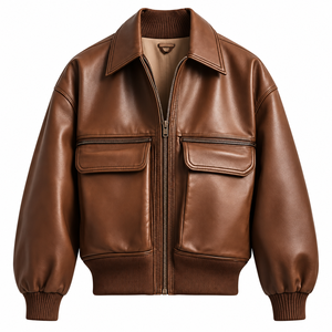 Blouson Bomber Homme Marron en Cuir Véritable Respirant Coupe Slim Col Rabattu Fermeture Éclair Manches Classiques Automne Décontracté - Product Image 1
