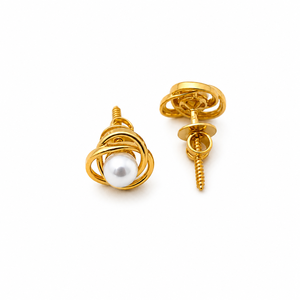 Boucles d'oreilles clous nœud en or jaune 18 carats avec perles pour femme – Légères, finition polie, élégantes, pour usage quotidien, fêtes, mariages, cadeau - Product Image 3
