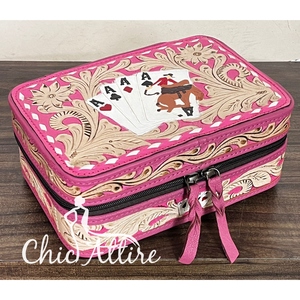 Cute <b>Pink</b> Hand <b>Tooled</b> Leather Card Design Jewelry <b>Box</b> Elegant Genuine Leather Travel Organizer for Ring Earring and Accessories - Product Image 1