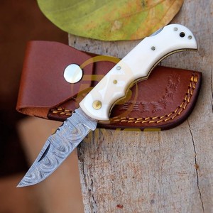 Custom Damascus Folding <b>Knife</b> with Camel <b>Bone</b> <b>Handle</b> Razor Sharp Hunting EDC <b>Knife</b> - Product Image 1
