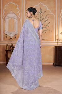 Purple Gold Crunchy Embroidered Quick Dry <b>Saree</b> Set <b>Blouse</b> for Women Traditional Indian Wedding Wear Floor-Length Regular Fit - Product Image 6