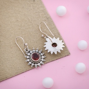 Elegant Garnet Floral Dangle Earrings Sterling Silver Vintage-Inspired Red Gemstone Drop Earrings for Women - Product Image 2