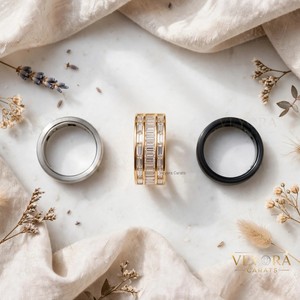 Anillo Baguette de Triple Hilera Atemporal, Diseño Artesanal en Plata Sólida 925 con Banda Dividida y Protección para Anillo Oura - Product Image 6