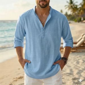 Camisa Henley de Lino de Alta Calidad para Hombre, Estilo Casual de Playa para Verano, Manga Larga - Product Image 5