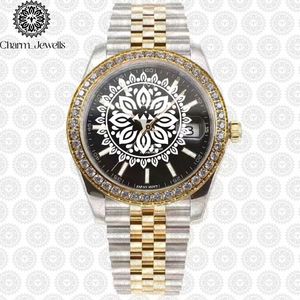 Montre de luxe Charm_Jewells en acier inoxydable avec lunette sertie de diamants, verre saphir, affichage de la date, mouvement à quartz analogique - Product Image 1
