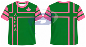 Alfa |   Kapa |   Camiseta Personalizada para Mujer de la Hermandad Alpha, Verde y Rosa, con Letras Griegas Bordadas, Estilo Preppy, Cuello Redondo, Informal - Product Image 3