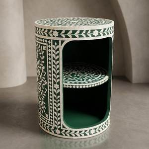 Round Arabic Flower Pattern Bone Inlay Nightstand with Carved Design Double-Tier <b>Storage</b> Bedside Table for Home Office Decor - Product Image 4