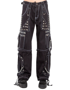Pantalon cargo gothique punk unisexe personnalisé, noir et blanc, surpiqûres contrastées, sangles, multi-poches, coupe large, style techwear, élastique - Product Image 4