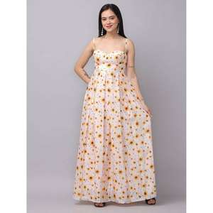 Vestido largo de verano con estampado de girasoles para mujer, cuello corazón, sin mangas, con tirantes finos - Product Image 1