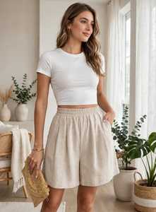 Beige High <b>Waist</b> <b>Elastic</b> Waistband Front Logo Breathable Pleated <b>Shorts</b> Solid Casual Loose Fit Summer <b>Shorts</b> for <b>Men</b> - Product Image 5