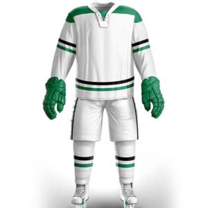 ชุดยูนิฟอร์มฮอกกี้น้ำแข็งแบบสั่งทำพิเศษ พิมพ์ลายโลโก้ด้วยเทคนิค Sublimation ผลิตด้วยมือ สำหรับทีม  ประกอบด้วยเสื้อและกางเกง ผลิตจากโพลีเอสเตอร์ 100% แห้งเร็ว ระบายอากาศได้ดี - Product Image 2