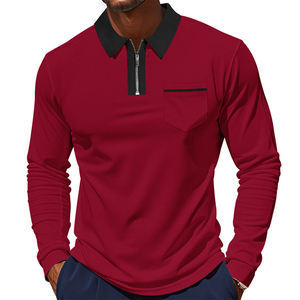 Polo de Punto de Manga Larga para Hombre, Color Sólido, con Bolsillo, Corte Regular Informal, Cuello con Cremallera Delantera, Naranja y Negro - Product Image 5