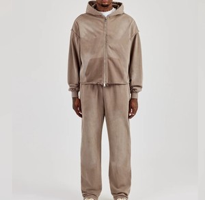 Ensemble de survêtement gris à capuche pour homme, manches longues, fermeture éclair, couleur unie, coupe ample, jogging décontracté, en coton pour l'automne - Product Image 4