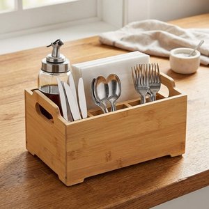 Organisateur de Couverts Moderne en Bois d'Acacia à Double Niveau de Qualité Supérieure pour la Restauration, Support à Couverts et Porte-Mouchoirs pour la Décoration de Restaurants et Hôtels - Product Image 1