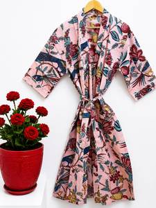 Bata Kimono de Algodón con Estampado Floral Rosa para Mujer, Larga, Cuello en V, Manga 3/4, Cierre con Cordón, Transpirable, Ropa de Dormir Casual de Lujo - Product Image 1