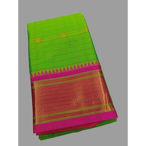 DISEÑADOR LICHI ALGODÓN JACQUARD TEJIDO TRABAJO SAREE CON BLUSA DESCOSADA LORO VERDE - Product Image 1