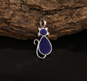 Pendentif unisexe en forme de chat mignon en lapis-lazuli, pierre précieuse de 5 mm, poire 10x12 mm, serti en argent 925, thème animal, breloque chrétienne - Product Image 4