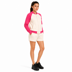 Women's 2 Piece Shorts <b>Set</b> Contrast Raglan Sleeve Bomber Jacket Solid Color Casual Winter Knitted Polyester/Cotton High Street - Product Image 3