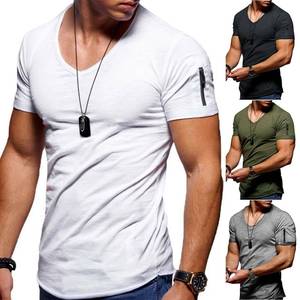 Camiseta blanca de manga corta con cuello en V para hombre, corte ajustado, con detalle de cremallera en la manga, estilo casual, 100% algodón jersey, transpirable. - Product Image 4
