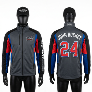 Sweat-shirt d'entraînement de hockey sur glace pour hommes, tissu polaire polyester premium, gris chaud avec empiècements rouges et bleus, impression de logo personnalisée, broderie. - Product Image 6