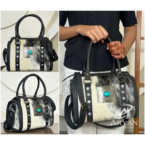 Bolsos de lona Speedy hechos a mano con cuero de vaca con pelo, estilo occidental con concho turquesa, bolso de hombro de viaje para mujer - Product Image 1