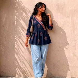 Kurti en coton bleu marine brodé pour femme, coupe ample, style ethnique, haut décontracté, à porter toute l'année, mode Inde Pakistan - Product Image 1