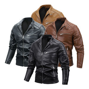 Men's Leather Motorcycle Jacket Winter Thickened Warmth Zipper Solid Discharge Printing <b>Windproof</b> Waterproof - Product Image 5