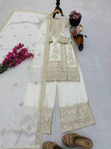 Elegante Conjunto de Kurta de Seda Chinon Blanca con Bordado Dorado para Mujer, Ropa Tradicional Étnica para Bodas y Fiestas, de Secado Rápido y Sin Arrugas - Product Image 1