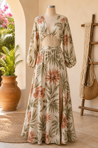Robe longue formelle bohème pour femme, coupe trapèze |   Robe d'été à manches longues, col en V profond, imprimée, pour les vacances à la plage - Product Image 3