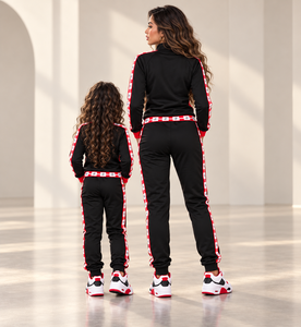 Wholesale Women Kids <b>Matching</b> Black Red Winter Tracksuit <b>Set</b> Custom Logo Full Zip Jacket Lightweight <b>Jogger</b> Pants Family - Product Image 2